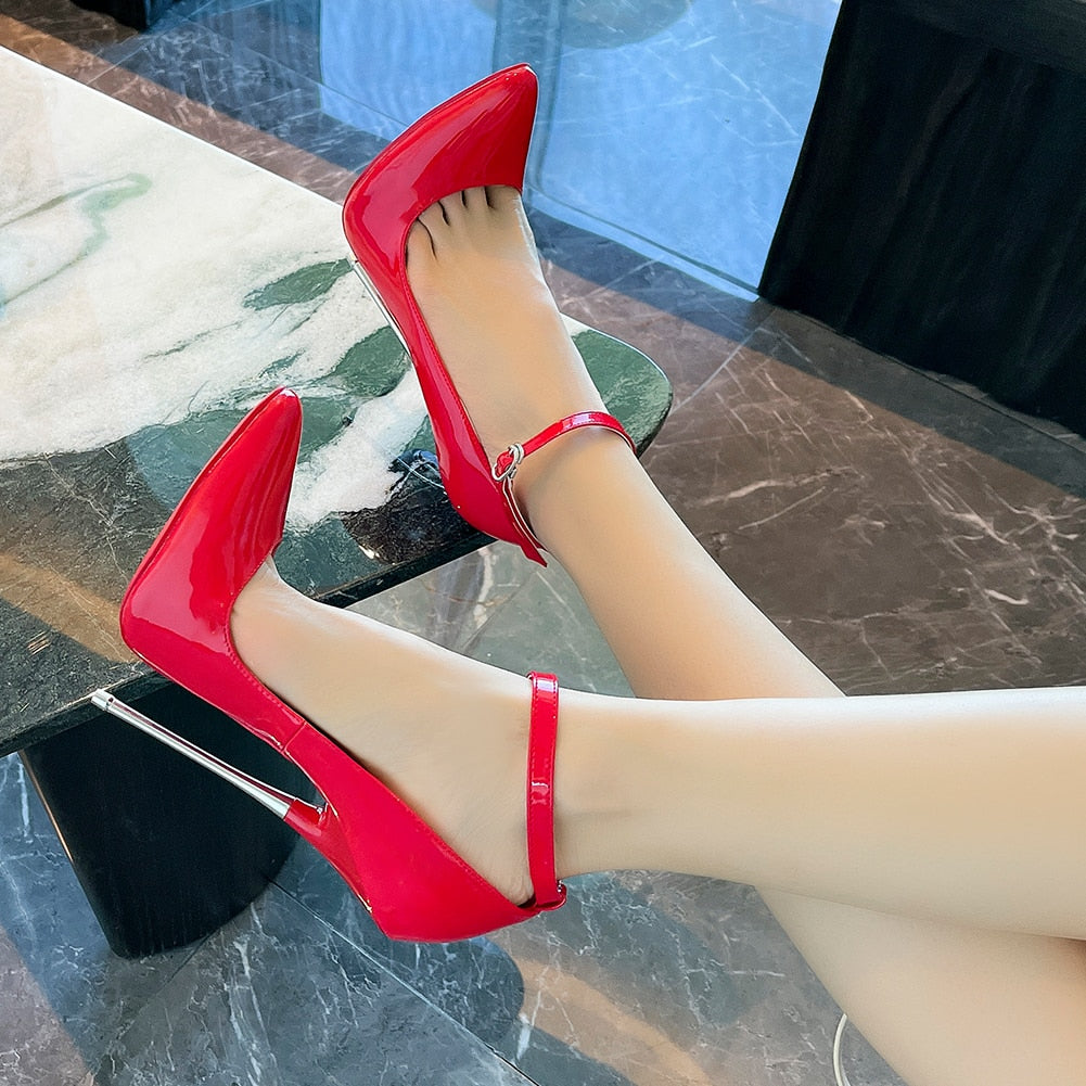Sexy Patent Leather Fetishism Solid Pumps Metal Heel Women'S Shoes Pointy Stiletto 16 CM Super High Heels Sandals Large Size 46
