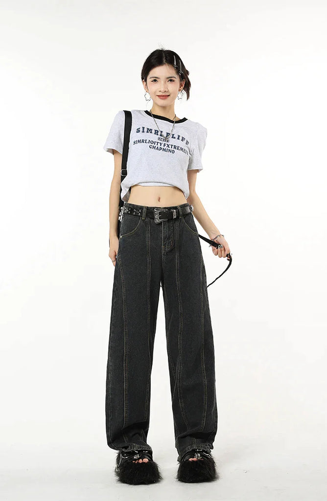 Winter Vintage Navy Blue High Waist Women Jeans American Fashion Streetwear Wide Leg Jean Female Trouser Straight Denim Pants