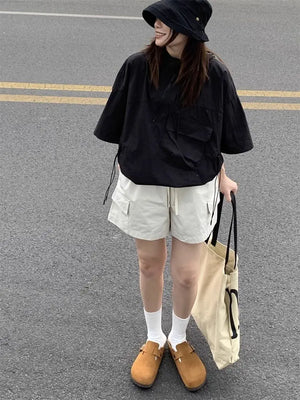 Cargo Shorts Women Vintage Japanese Style Casual Baggy Black White Short Pants High Waist Short Female Summer Streetwear