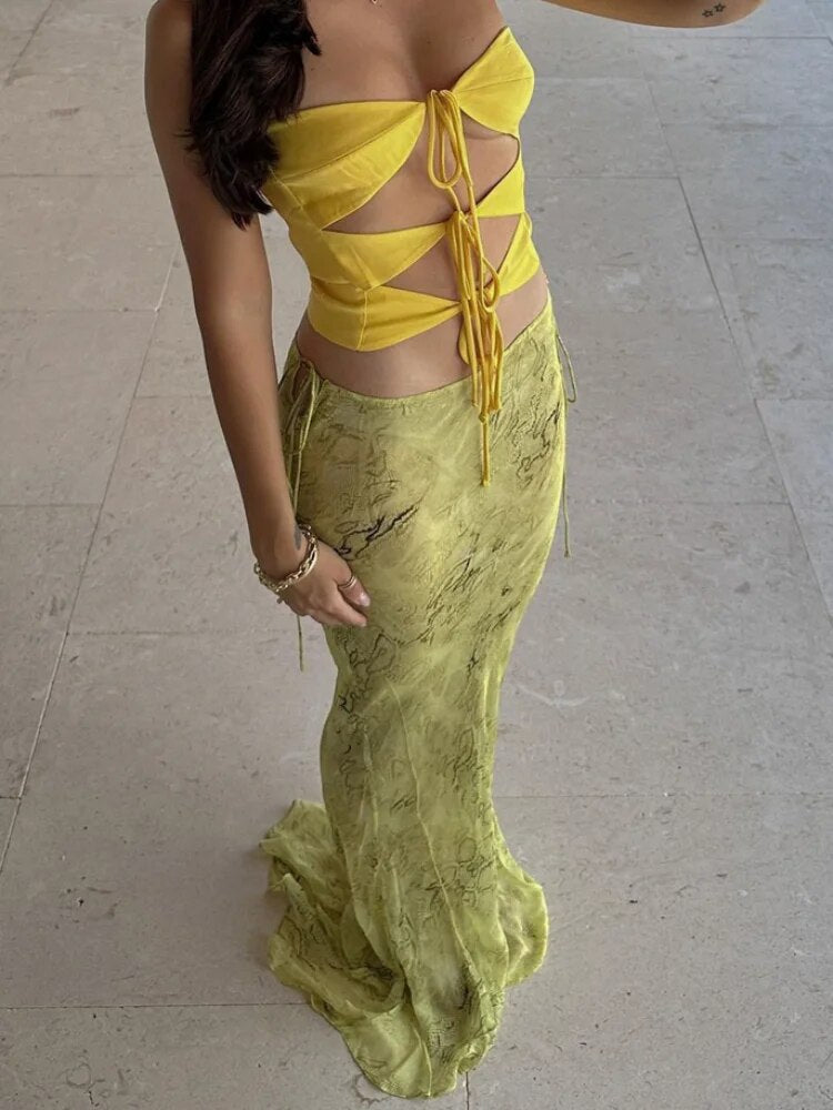 Summer Chiffon Fashion Maxi Skirt cover-up Women Elegant High Waist printed Holiday See-Through Printed Female Long Skirt