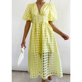 Lantern Sleeve Breasted Rose Red Vintage A-line Party Dress Plaid Transparent Zip Waist Elastic Summer Midi Boho Dress