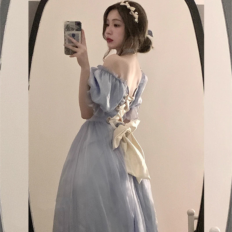 Vintage Elegant Midi Dresses Women Spring Blue Patchwork Retro Evening Party Dress French Sweet Korean Princess Fairy Dress