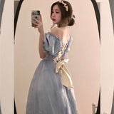 Vintage Elegant Midi Dresses Women Spring Blue Patchwork Retro Evening Party Dress French Sweet Korean Princess Fairy Dress