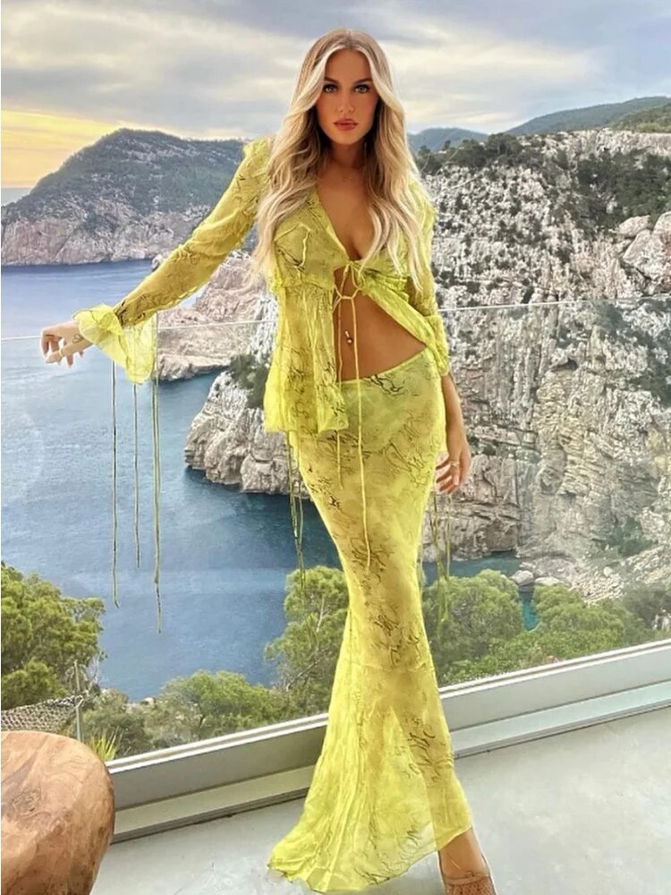 Summer Chiffon Fashion Maxi Skirt cover-up Women Elegant High Waist printed Holiday See-Through Printed Female Long Skirt