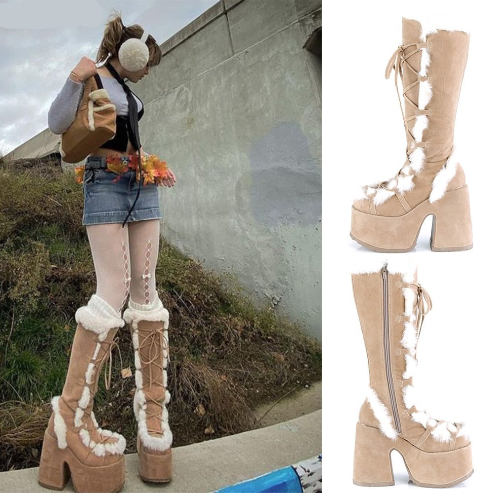 goosudu Brand Designer Fur Gothic Chunky Block Heel Women Boots High Heel Platform Cosplay Casaul Party Warm Boots Shoes Women