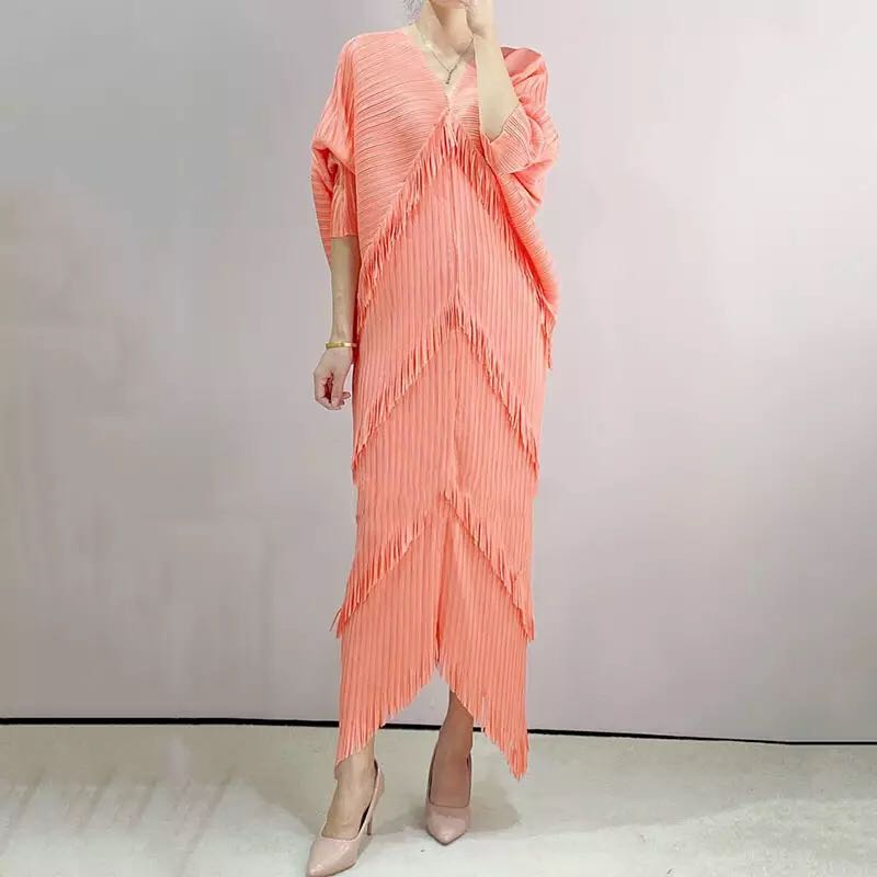 Pleated Dress Woman  Tassel Batwing Sleeve Loose Casual Style V Collar Long Dresses  Summer  Fashion Fast Delivery