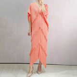 Pleated Dress Woman  Tassel Batwing Sleeve Loose Casual Style V Collar Long Dresses  Summer  Fashion Fast Delivery