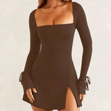 Spring Square Neck Flare Long Sleeve Dress Sexy Split Nightclub Party Dress Women's High Waist Slim Lace-up Mini Dress for Women