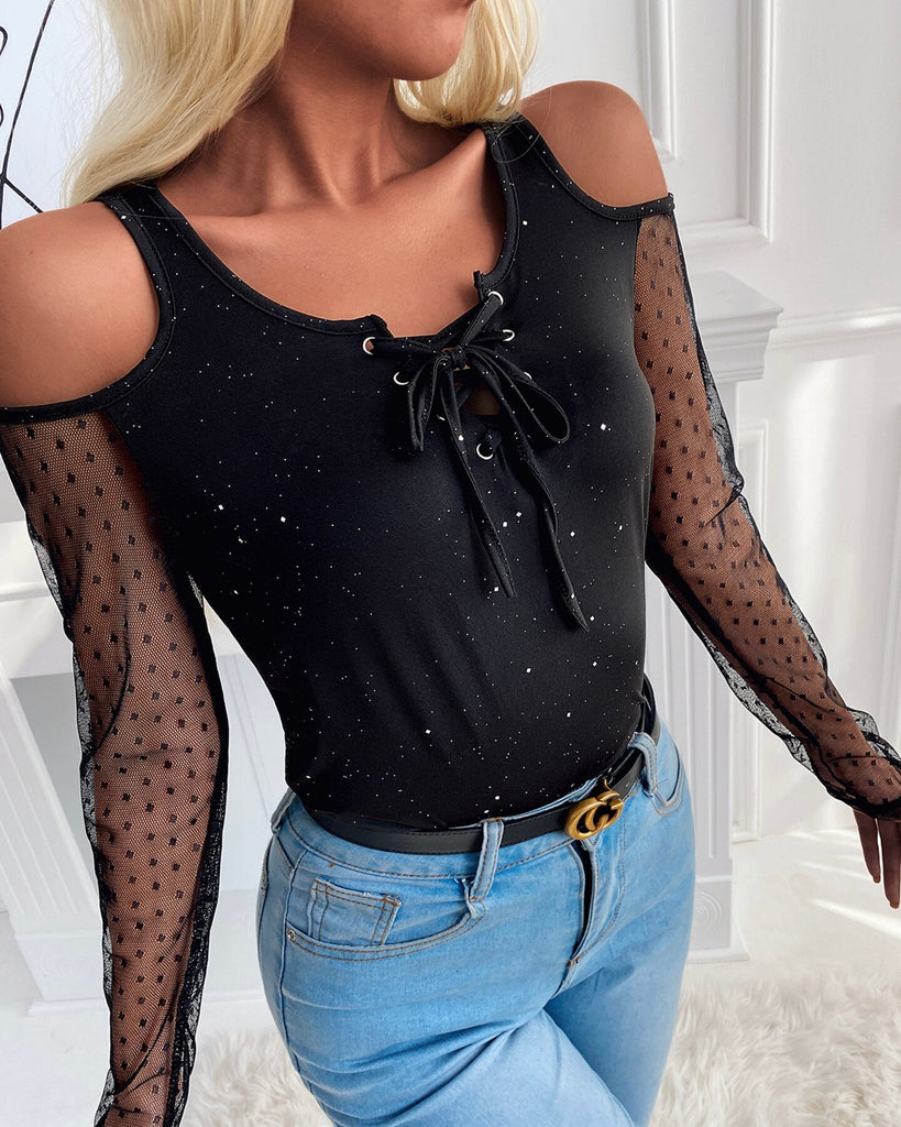 Spring Summer Women Sexy Daily Wear Cold Shoulder Sheer Mesh Lace Blouse Long SLeeve Black Shirt Casual