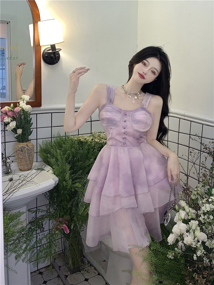 Holiday Sexy Spaghetti Strap Dress High Waist Sweet Mini Princess Dress Female Summer Purple Mesh Puffy Dress Robe Vestido