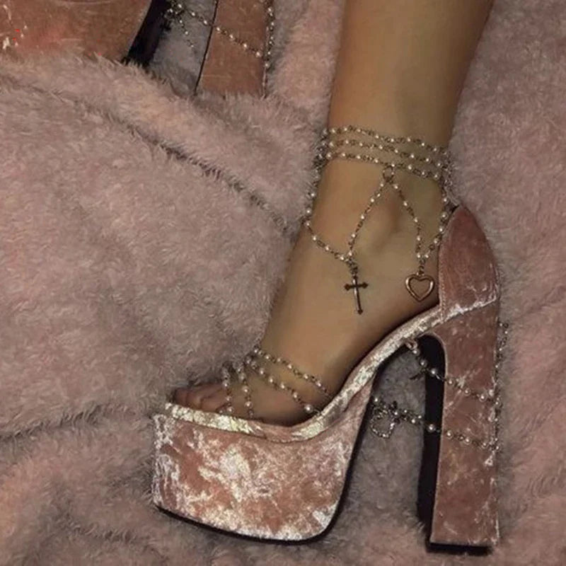 Fairy Girl's Pearl Beaded Platform Chunky Sandals Beading Necklace Chains Velvet High Heels Crystal Tassel One Line Lolita Shoes