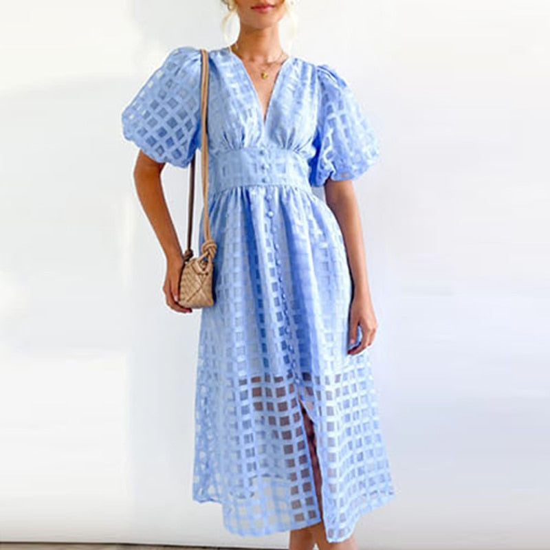 High Waist Lantern Sleeve V Neck Dress Solid Color Mesh Yarn Button Long Dress Casual Elegant Party Dresses Women Summer Vestido