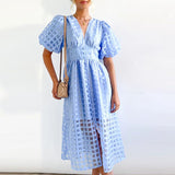 High Waist Lantern Sleeve V Neck Dress Solid Color Mesh Yarn Button Long Dress Casual Elegant Party Dresses Women Summer Vestido