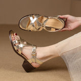 Women Sandals Thick Heels Genuine Leather Ankle Strap Shoes Woman Office Ladies Party Casual Golden Pumps Spring Summer Fashion