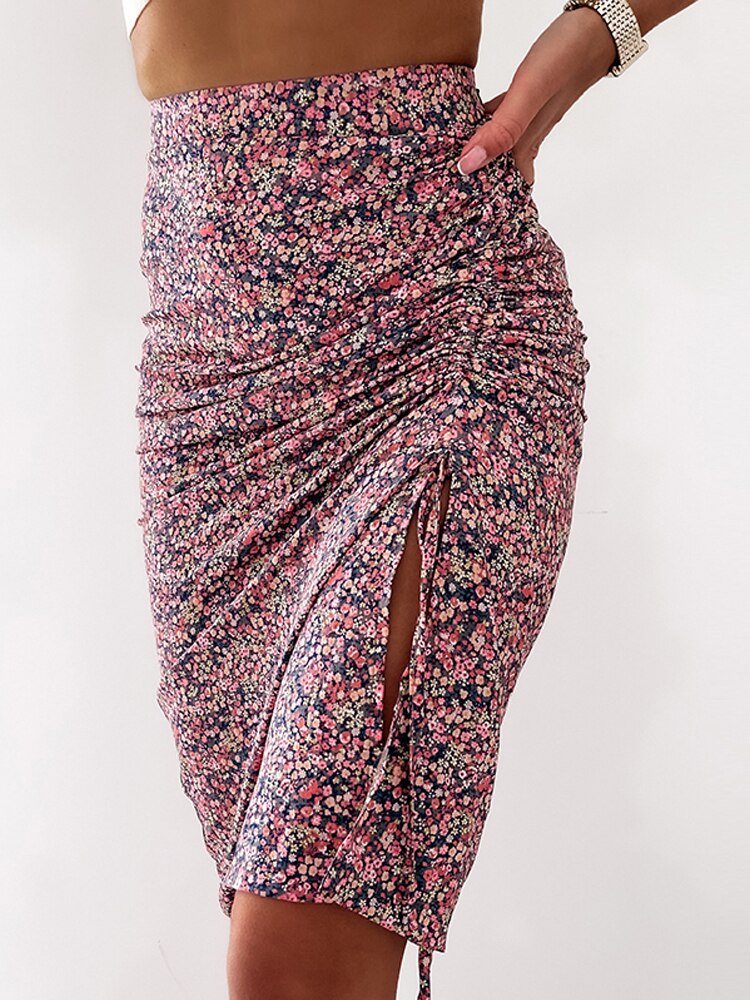 Midi Skirt Women Leopard Spring Lace Up Slit Bodycon High Waist Drawstring Printed Sexy Skirt Casual Office Female Skirt