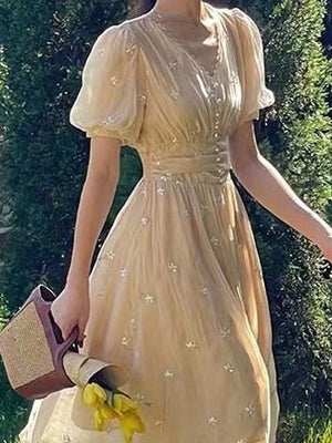 Elegant Vintage Midi Dress Women Casual Short Sleeve Boho Beach Sundress Office Lady Summer Floral Dress Korean Chic V-neck