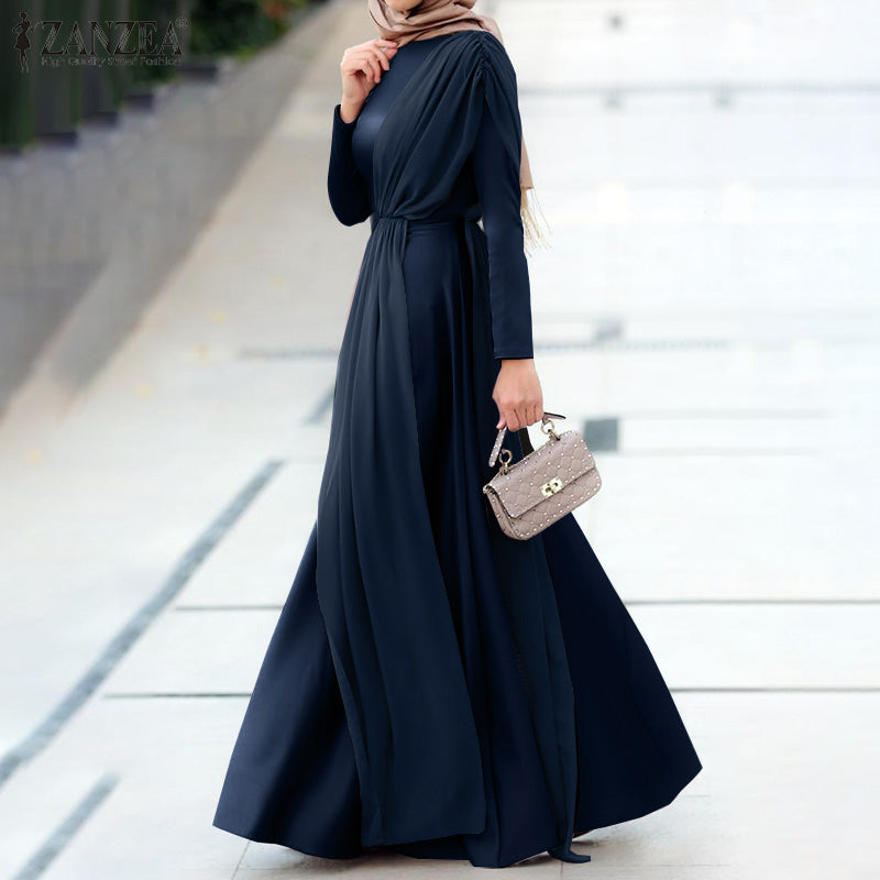 Goosudu Spring Fashion Solid Sundress Women Casual Long Sleeve O Neck Kaftan Elegant Party Hijab Dress Islamic Clothing Robe