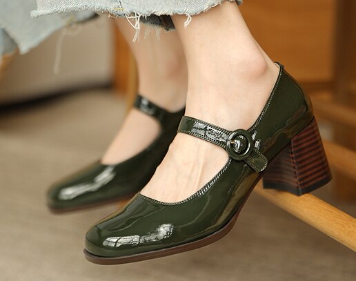 goosudu Woman‘s New Mary Janes Shoes Genuine Leather Shallow Square heel Pumps Buckle Strap Round Toe Lady Footwear