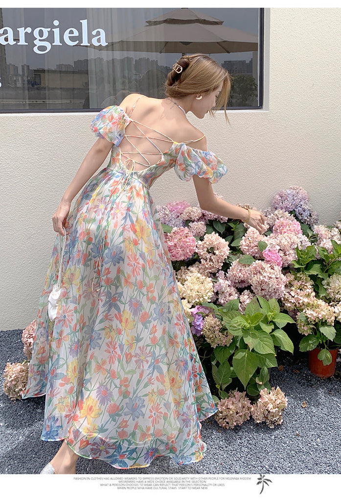 goosudu Women's Summer Floral Dress Spaghetti Strap Dress Backless Puff Sleeves Sweet A-line Off Shoulder Midi Dress Holiday