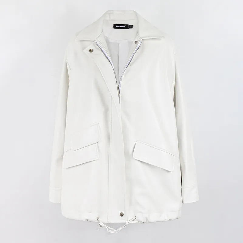 Spring Autumn Black Oversized Faux Leather Jackets for Women Zippper Loose Cool Casual Soft Pu Leather Jacket