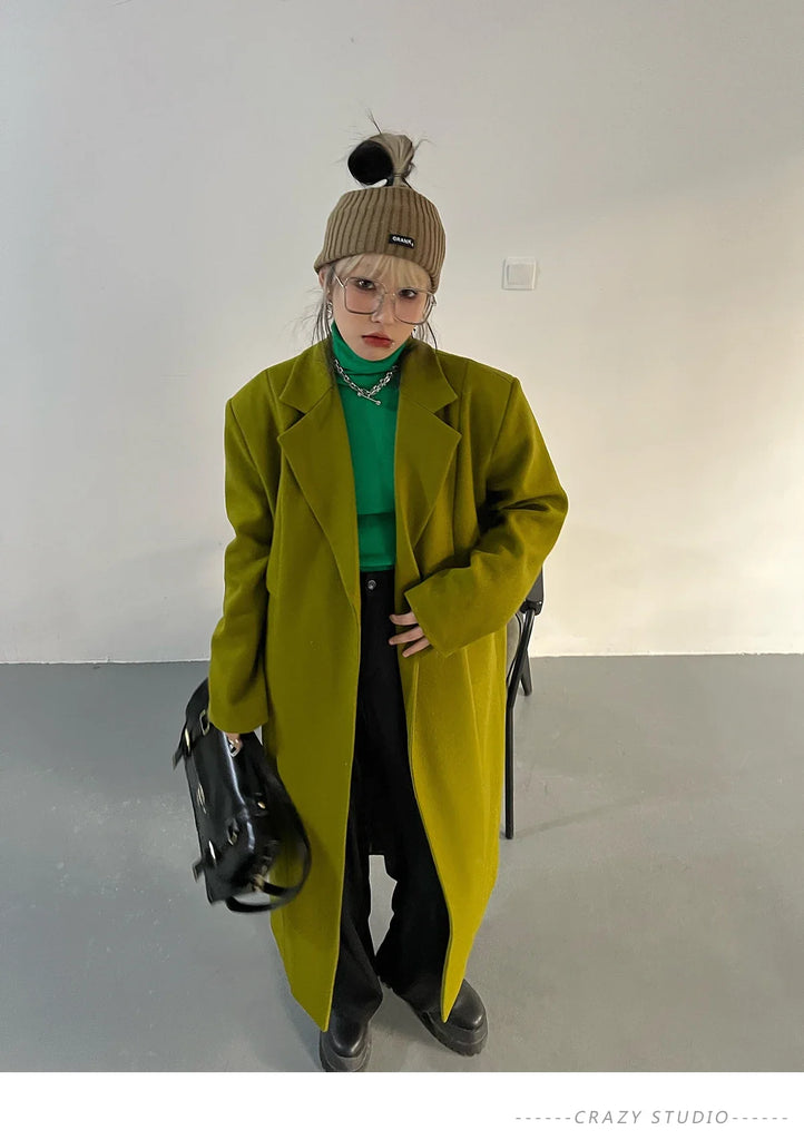 Lautaro Spring Autumn Long Green Oversized Trench Coat for Women Single Button Loose Luxury Casual Overcoat Korean Fashion