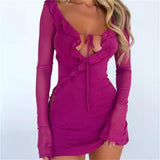 Black Bodycon Dress Spring Summer Sexy Mesh Long Sleeves Ruffles Deep V Tie-Up Short Dress Women Party Streetwear