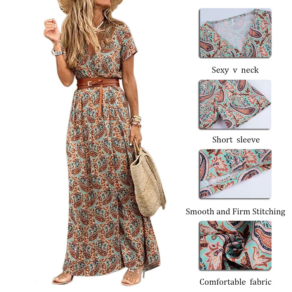 Summer Boho Long Dress Women Paisley Print V Neck Belted Bohemian Maxi Dresses Female Elegant High Slit Robe Party Beach Dress