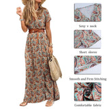 Summer Boho Long Dress Women Paisley Print V Neck Belted Bohemian Maxi Dresses Female Elegant High Slit Robe Party Beach Dress
