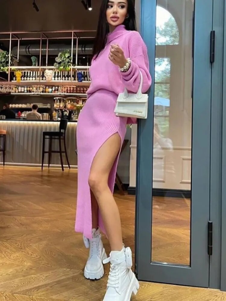 Knit Two Piece Sets Womens Outfits Casual Autumn Winter Turtleneck Sweater And Midi Skirt Sets Ladies Matching Sets