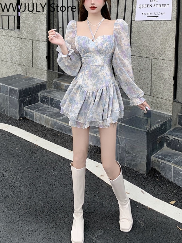 Goosudu  Sexy Floral One Piece Dress Korean Fashion Woman Puff Sleeve Y2k Mini Dress Casual Spring Design Elegant Short Party Dress