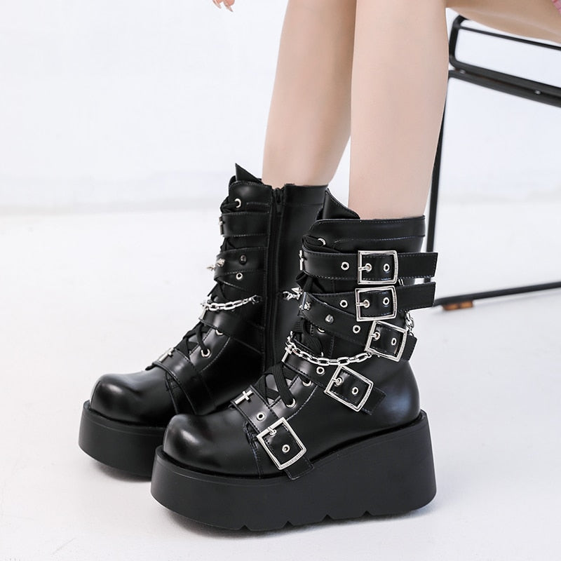 Punk Metal Buckle Platfom Ankle Boots Women Autumn PU Leather Chunky Heels Gothic Shoes Woman Thick Bottom Motorcycle Botas