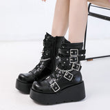 Punk Metal Buckle Platfom Ankle Boots Women Autumn PU Leather Chunky Heels Gothic Shoes Woman Thick Bottom Motorcycle Botas
