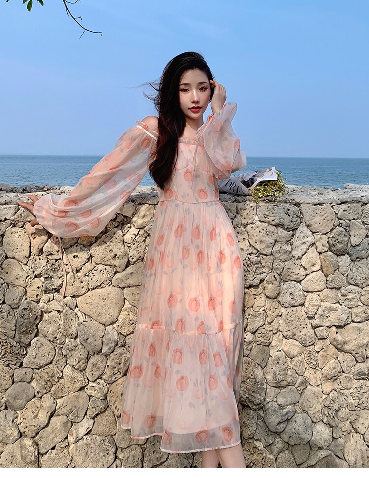 Holiday Pink Beach Dress Long Sleeve Floral Dress Women's Summer A-line Midi Princess Sweet Fairy Dress Sundress Femme Robe
