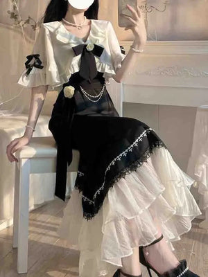 French Vintage Fairy Mermaid Dress Women Lace Korean Party Princess Strap Dress Female  Spring Court Sweet Lolita Midi Dress