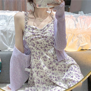 Goosudu Floral Slip Dress Fairy Dress Ladies Mini A-line Strap Dress  High Waist Ruched Purple Sundress For Women Spring  Clothing Robe Femme