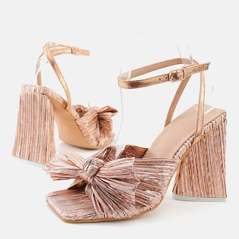 Size 44 45 46 Fashion Pleated Butterfly-Knot Womens Sandals Gladiator Peep Toe Buckle Strap Triangle High Heels Dress Shoe