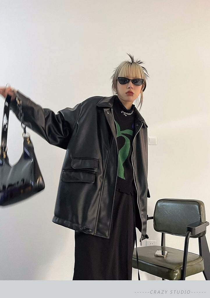 Spring Autumn Black Oversized Faux Leather Jackets for Women Zippper Loose Cool Casual Soft Pu Leather Jacket