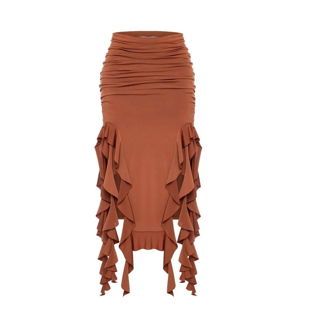 Tassel Summer Female Long Skirt Ruffled High Waist Broken High Split Fashion Pleated Sexy Solid Patchwork Maxi Skirt