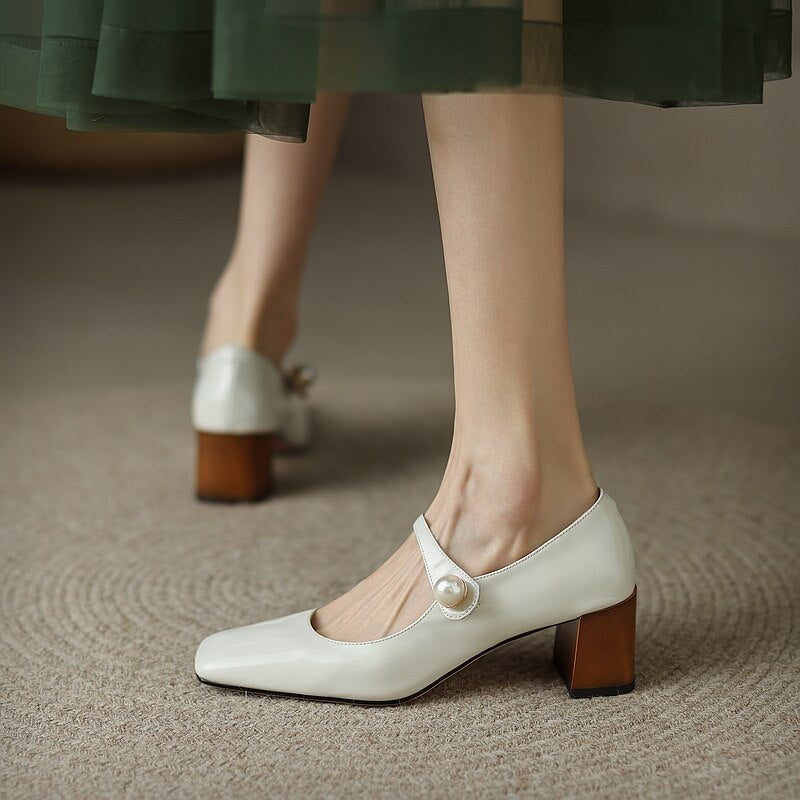 goosudu  Mary Jane High Heels Women Sheepskin Patent Leather Pumps Pigskin Lining and Sheepskin Insole Lolita Girl Shoes Big Size 42