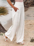 Spring Summer Cotton Linen Women Pants Pockets Solid Casual White Wide Leg Office Lady White Long Trousers Khaki