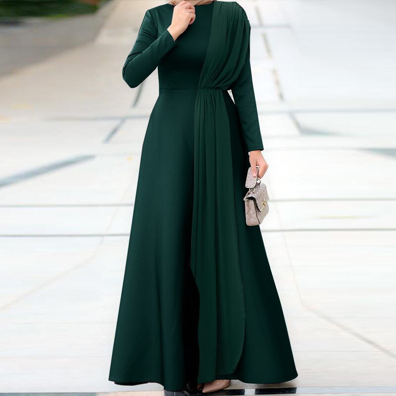 Goosudu Spring Fashion Solid Sundress Women Casual Long Sleeve O Neck Kaftan Elegant Party Hijab Dress Islamic Clothing Robe