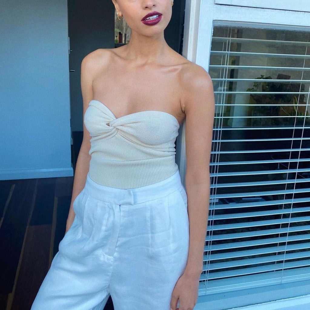 goosudu Knit Tube Tops Women White Strapless Corset Tops Summer Basic Backless Off Shoulder Crop Top Bustier Casual Streetwear
