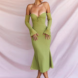 goosudu  Elegant Halter Midi Dress for Women Summer Sexy Backless Club Party Green Mesh Sheer Dresses Gown Vestido Clothes
