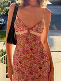 Flowers Print Spaghetti Straps Wrap Long Dress 90s E-girl Aesthetic Women Summer Sleeveless Tie Up V-Neck Sundress