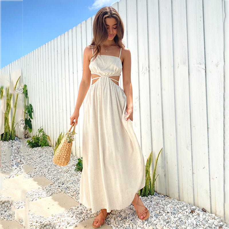 goosudu Spaghetti Strap Waist Hollow Out Beige Summer Maxi Long Dress Solid Elegant Backless Sundress Casual Women Dress