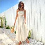 goosudu Spaghetti Strap Waist Hollow Out Beige Summer Maxi Long Dress Solid Elegant Backless Sundress Casual Women Dress
