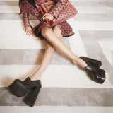 goosudu Women High Heel Platform Hoof Heels Loafers Women Pumps New Square Toe Fashion Shoes Plus Size Shoes Sexy Dress Shoes