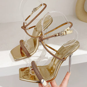 Fashion Golden Silver Rhinestone Women's Sandals Summer Party Wedding Shoes Open Toe Buckle Strap Transparent High Heels