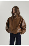 Spring Autumn Cool Oversized Brown Black Faux Leather Bomber Jacket Women Zip Up Luxury Designer Unisex Clothes