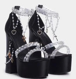 Fairy Girl's Pearl Beaded Platform Chunky Sandals Beading Necklace Chains Velvet High Heels Crystal Tassel One Line Lolita Shoes